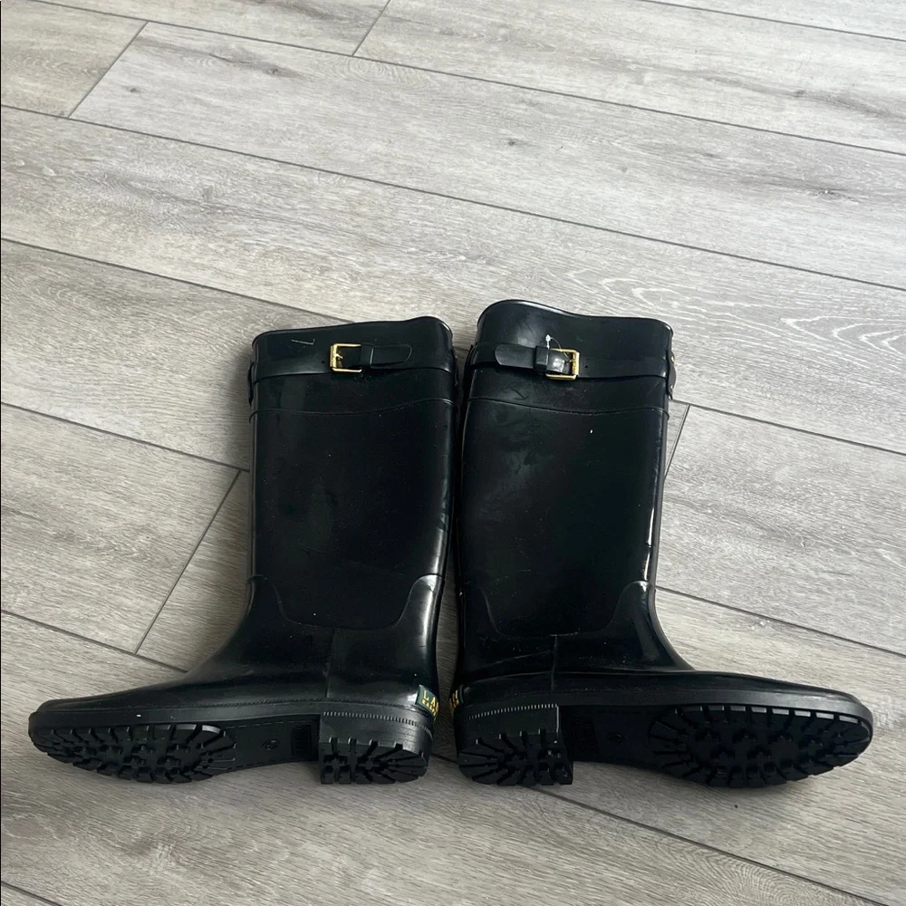 Ralph Lauren Black Tall Rain Boots with classic Gold Buckle size 10 - Picture 2 of 8